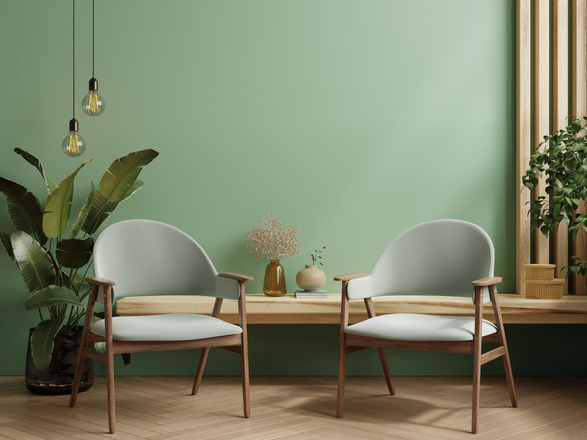 Moderner Innenhintergrund mit grünem Sessel und Accessoires im Raum